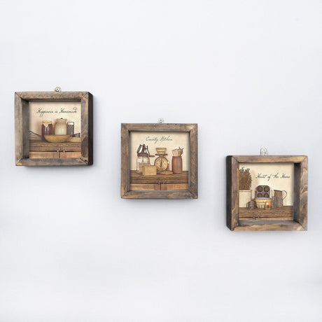 Tablou MDF cu rame Bucatarie Quotes, 3 bucăți, Multicolor, 15x15 cm