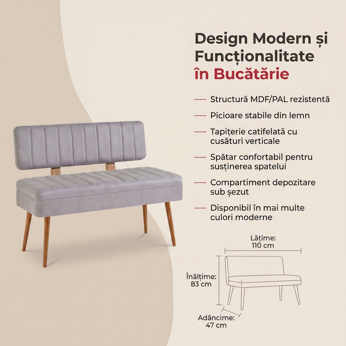 Taburet Banca Bucatarie Bench, 110x40x82.5 cm - Gri